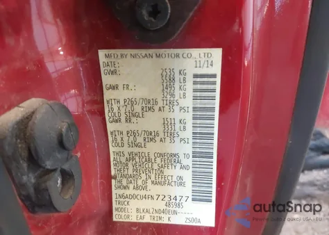 2015 Nissan Frontier Sv from USA, damaged, VIN 1N6AD0CU4FN723477